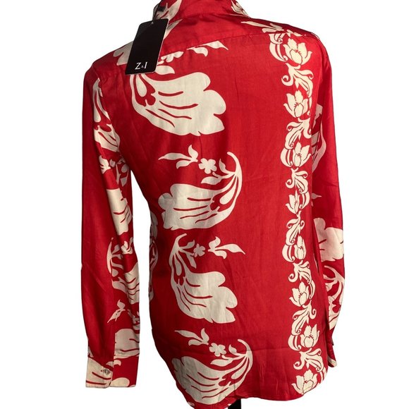 NWT Z & I floral button front collar shirt top red beige tan nude long sleeve M - Picture 3 of 12